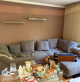 Haushaltsauflösung im Wohnzimmer mit Sofa, Tisch und persönlichen Gegenständen vor der Räumung