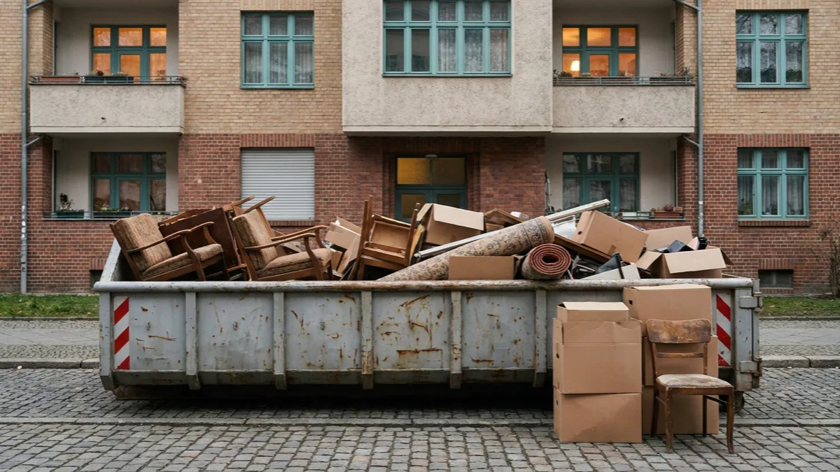 Gefüllter Absetzcontainer mit alten Möbeln, einem Teppich und Umzugskartons vor einem Wohnhaus während einer Entrümpelung
