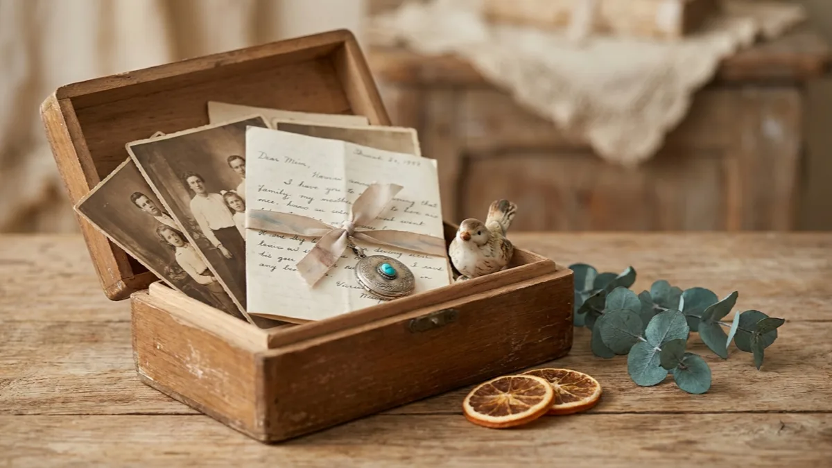 Geöffnete Erinnerungsbox mit Fotos, Briefen und Schmuck auf einem Tisch bei weichem Licht, die vor einer Haushaltsauflösung gesichert werden