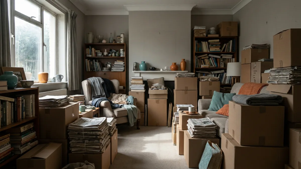 Stark zugestelltes Wohnzimmer einer Messie-Wohnung mit gestapelten Kartons, Kleidung und Gegenständen und nur schmalem Durchgang als Anzeichen krankhaften Hortens