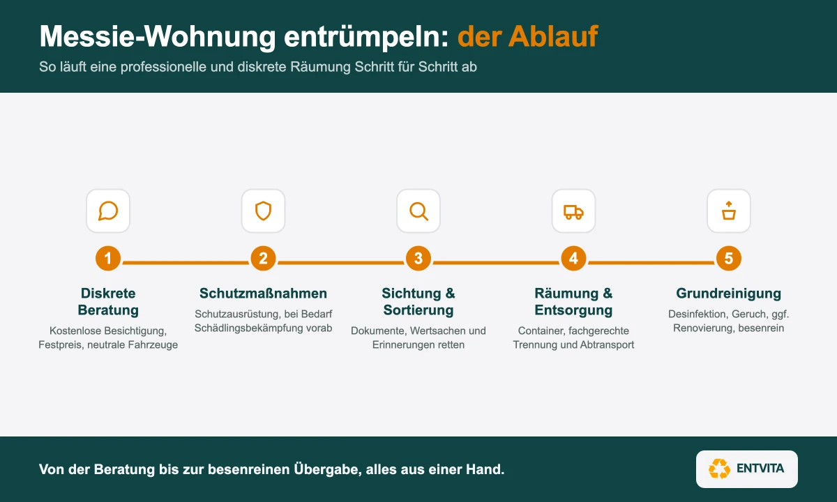 Infografik Ablauf der Messie-Wohnung-Entrümpelung in fünf Schritten: diskrete Beratung, Schutzmaßnahmen, Sichtung und Sortierung, Räumung und Entsorgung, Grundreinigung und Desinfektion