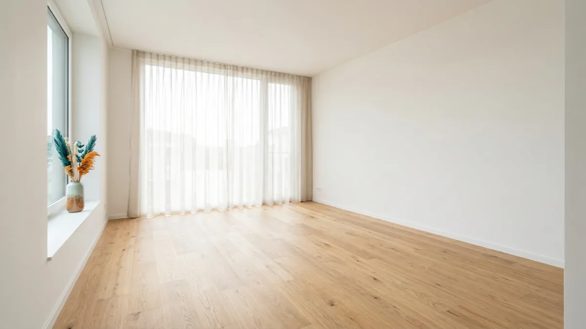 Helle, leer geräumte und frisch renovierte Wohnung mit sauberem Boden nach der Entrümpelung einer Messie-Wohnung, bereit zur Neuvermietung